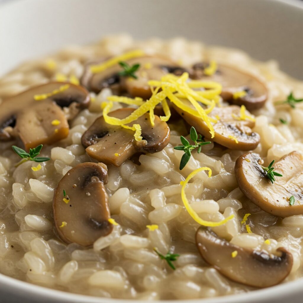 Veegan Mushroom Risotto with Lemon Zest and Thyme - AI