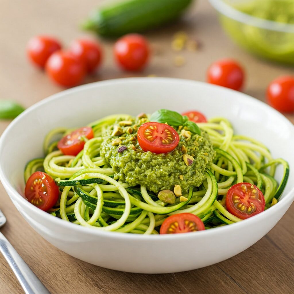 Zucchini Noodles with Pistachio Pesto and Cherry Tomatoes - AI unique vegan food pairings