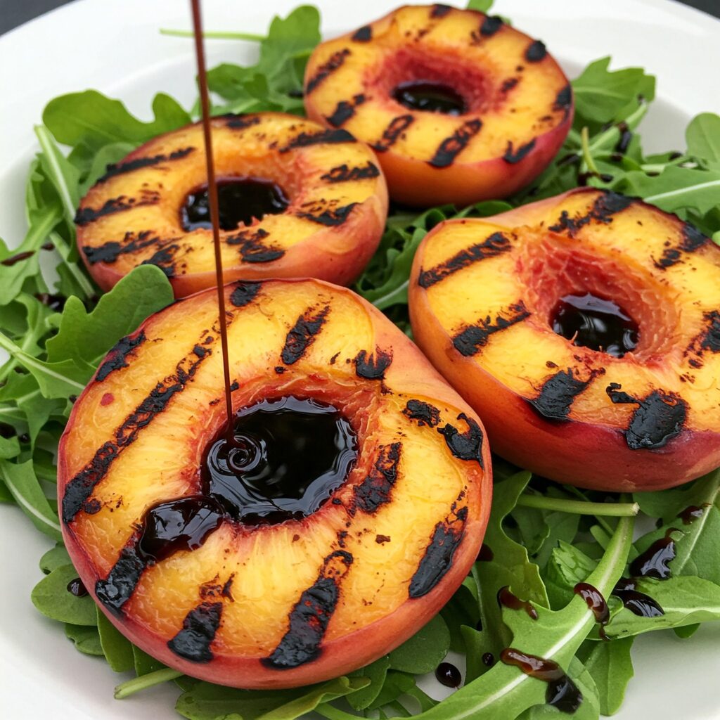 Grilled Peaches with Balsamic Reduction and Arugula - AI unique vegan food pairings