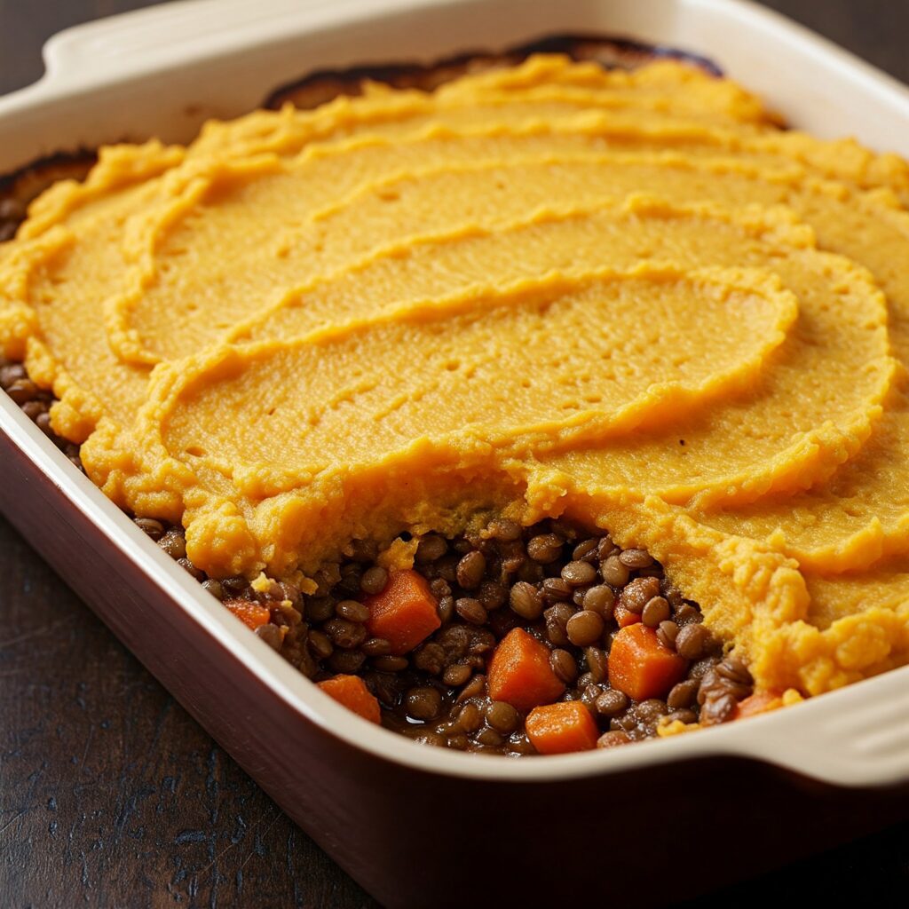 Lentil Shepherd’s Pie with Sweet Potato Mash -AI unique vegan food pairings