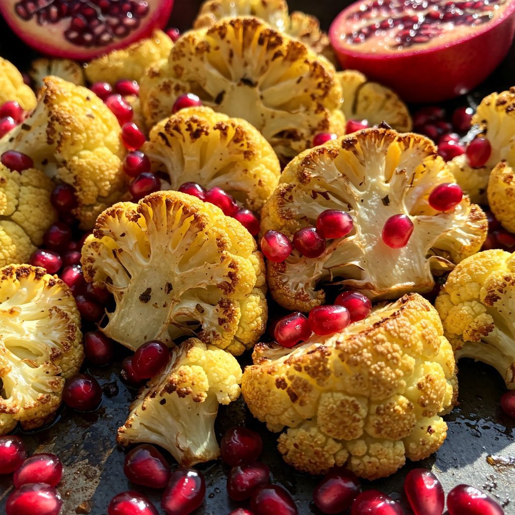unexpected vegan food pairings Roasted Cauliflower and Pomegranate Seeds